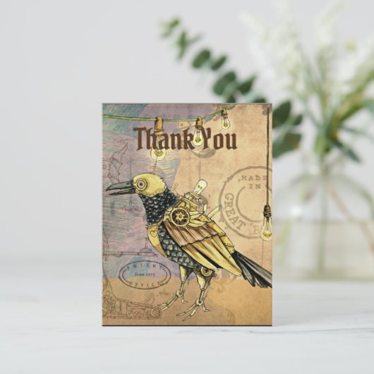 Steampunk Raven Vielen Dank Postkarte (Stehend Vorderseite)