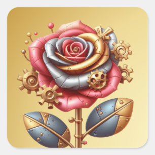 Steampunk Red and Gold Rose Quadratischer Aufkleber