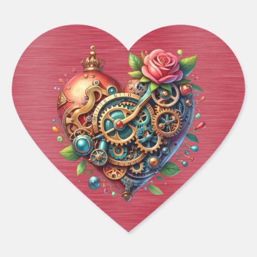Steampunk Red Blue and Gold Heart Herz-Aufkleber (Vorderseite)