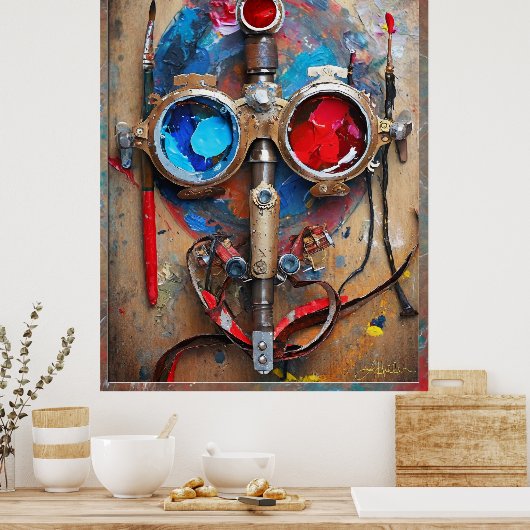 Steampunk Red Blue Goggles Graffiti Poster (Küche)