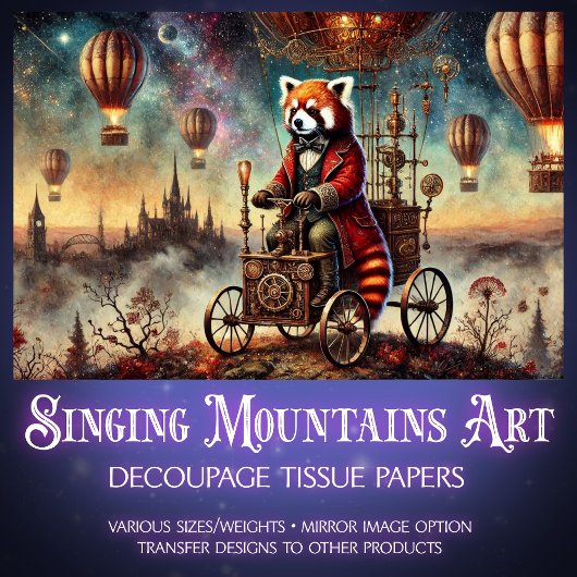 Steampunk Red Panda Balloon Voyage Decoupage Seidenpapier