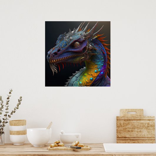 Steampunk Regenbogen-Drachenportrait AI Art Poster (Küche)