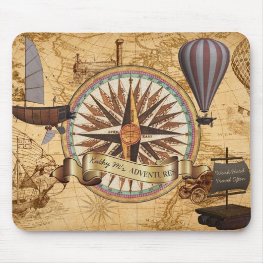 Steampunk Reise-Antiken-Karten-Kompass-Abenteuer Mousepad (Vorne)