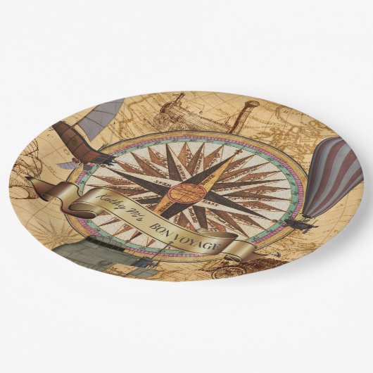 Steampunk Reise-Antiken-Karten-Kompass-Abenteuer Pappteller (Schrägansicht)