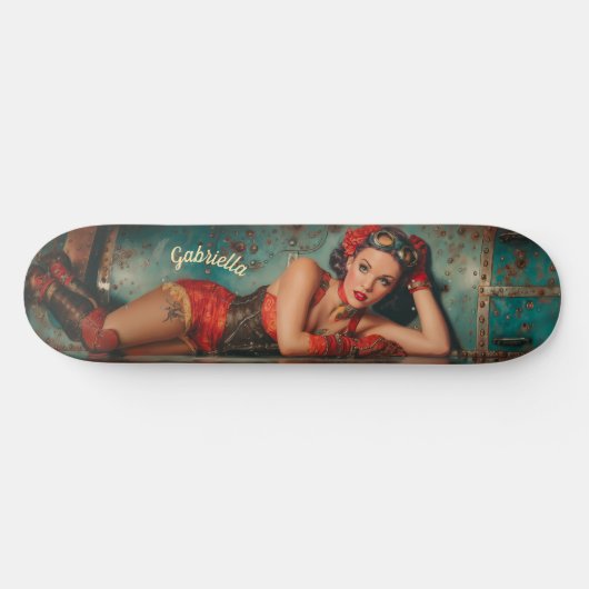 Steampunk-Retro-futuristische Pinup-Mädchen-Malere Skateboard (Horizontal)