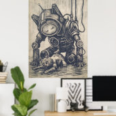 Steampunk Robot Linocut Poster (Heimbüro)