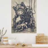 Steampunk Robot Linocut Poster (Küche)