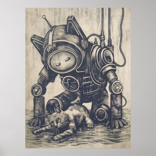 Steampunk-Roboter-Linolschnittposter Poster (Vorne)