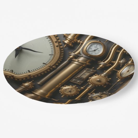 Steampunk-Rohre und -Teller Pappteller (Schrägansicht)