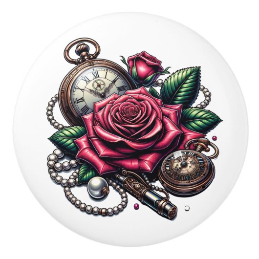 Steampunk Rose, Metal Key and Pocket Watch Keramikknauf (Vorderseite)