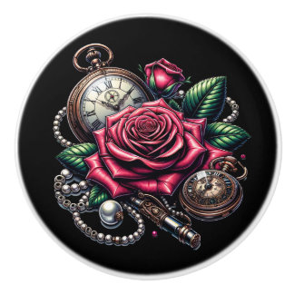 Steampunk Rose, Metal Key and Pocket Watch Keramikknauf
