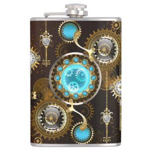Steampunk-Rostiger Hintergrund mit Türkisgläsern Flachmann