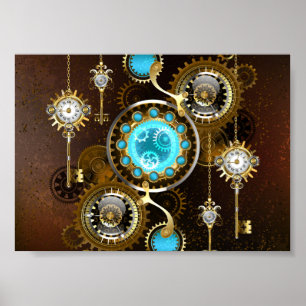 Steampunk-Rostiger Hintergrund mit Türkisgläsern Poster