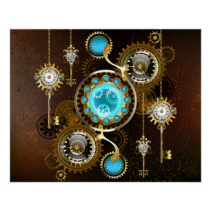 Steampunk-Rostiger Hintergrund mit Türkisgläsern Poster