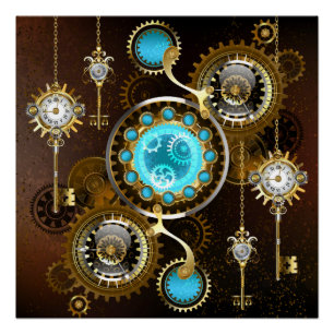 Steampunk-Rostiger Hintergrund mit Türkisgläsern Poster