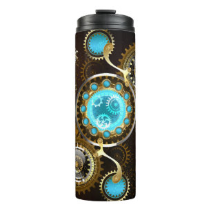 Steampunk-Rostiger Hintergrund mit Türkisgläsern Thermosbecher