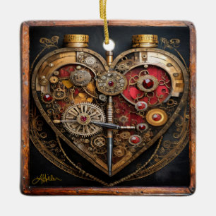 Steampunk Rubine und Zahnräder Dunkles Herz  Keramikornament