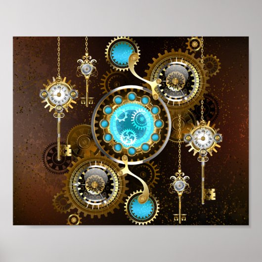 Steampunk Rusty Background with Turquoise Lenses Poster (Vorne)