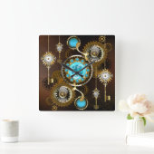 Steampunk Rusty Background with Turquoise Lenses Quadratische Wanduhr (Zuhause)