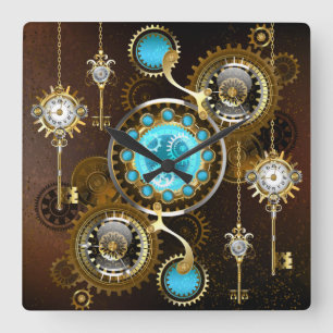 Steampunk Rusty Background with Turquoise Lenses Quadratische Wanduhr