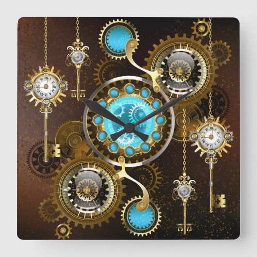 Steampunk Rusty Background with Turquoise Lenses Quadratische Wanduhr (Vorderseite)