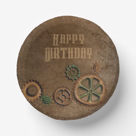 Steampunk Rusty Gears Happy Birthday Paper Tellers Pappteller (Vorderseite)