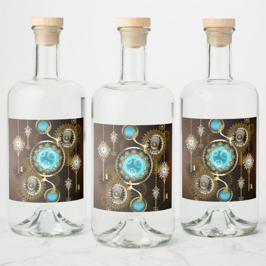 Steampunk Rusty Hintergrund mit türkisfarbenen Lin Alkoholflaschenetikett (Flaschen)