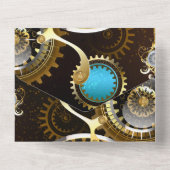 Steampunk Rusty Hintergrund mit türkisfarbenen Lin All In One Einladung (Rückseite)