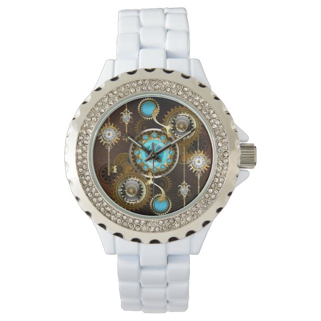 Steampunk Rusty Hintergrund mit türkisfarbenen Lin Armbanduhr (Vorderseite)