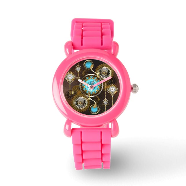 Steampunk Rusty Hintergrund mit türkisfarbenen Lin Armbanduhr (Vorderseite)