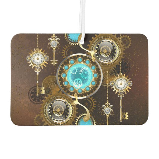 Steampunk Rusty Hintergrund mit türkisfarbenen Lin Autolufterfrischer (Rückseite)