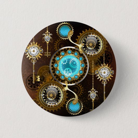Steampunk Rusty Hintergrund mit türkisfarbenen Lin Button (Vorderseite)