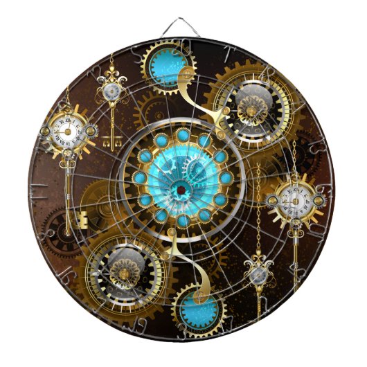 Steampunk Rusty Hintergrund mit türkisfarbenen Lin Dartscheibe (vorne)