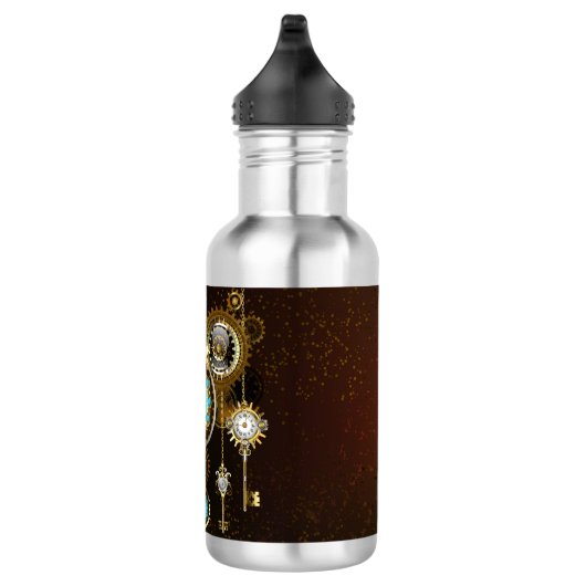 Steampunk Rusty Hintergrund mit türkisfarbenen Lin Edelstahlflasche (Rechts)