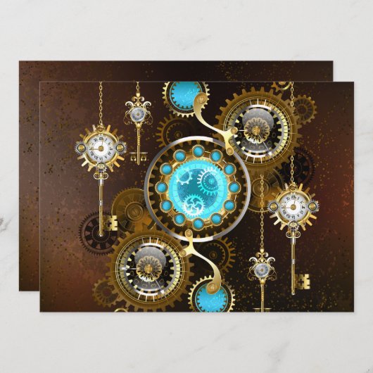 Steampunk Rusty Hintergrund mit türkisfarbenen Lin Einladung (Vorne/Hinten)