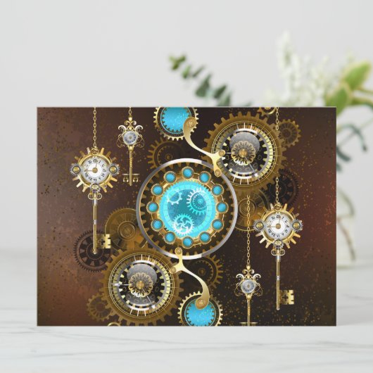 Steampunk Rusty Hintergrund mit türkisfarbenen Lin Einladung (Stehend Vorderseite)