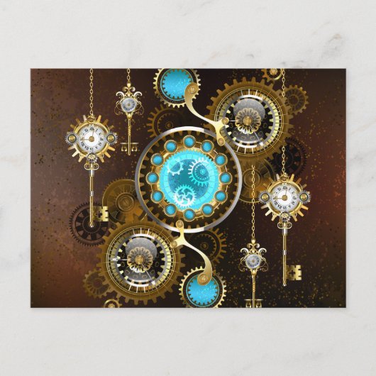 Steampunk Rusty Hintergrund mit türkisfarbenen Lin Einladungspostkarte (Vorderseite)