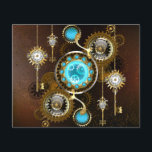 Steampunk Rusty Hintergrund mit türkisfarbenen Lin Flyer<br><div class="desc">Türkisfarbene Linsen mit antiker Uhr mit Messinggetrieben und goldenen Tasten auf rostigem,  braunem Hintergrund. Steampunkstil.</div>