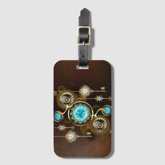 Steampunk Rusty Hintergrund mit türkisfarbenen Lin Gepäckanhänger (Vorderseite Vertikal)