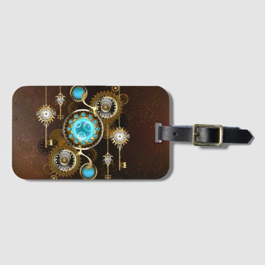 Steampunk Rusty Hintergrund mit türkisfarbenen Lin Gepäckanhänger (Vorderseite (Horizontal))