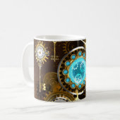 Steampunk Rusty Hintergrund mit türkisfarbenen Lin Kaffeetasse (Vorderseite Links)
