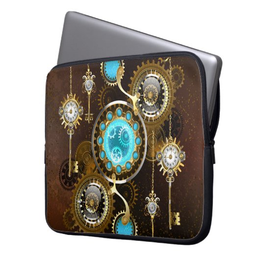 Steampunk Rusty Hintergrund mit türkisfarbenen Lin Laptopschutzhülle (Vorderseite Links)