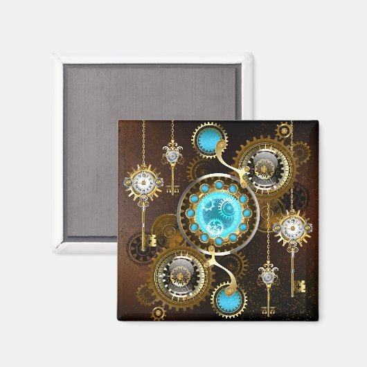 Steampunk Rusty Hintergrund mit türkisfarbenen Lin Magnet (Vorderseite/Rückseite)