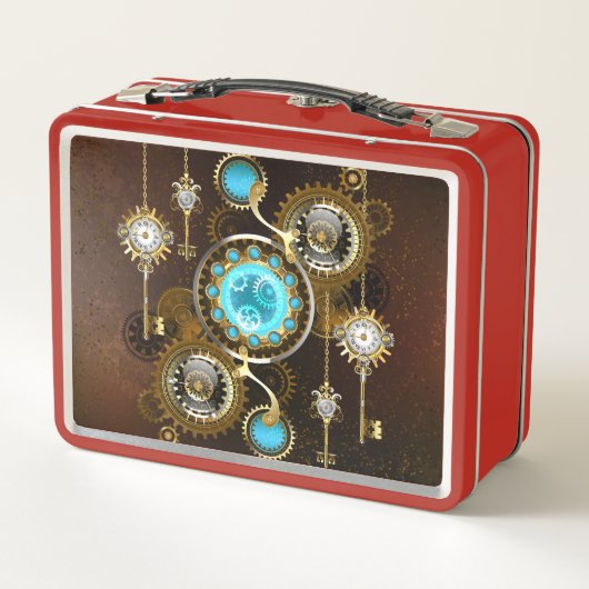 Steampunk Rusty Hintergrund mit türkisfarbenen Lin Metall Brotdose (Rückseite)