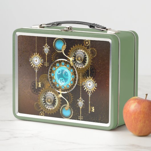 Steampunk Rusty Hintergrund mit türkisfarbenen Lin Metall Brotdose (Beispiel)