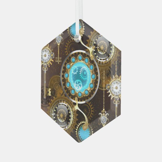 Steampunk Rusty Hintergrund mit türkisfarbenen Lin Ornament Aus Glas (Vorderseite Links)