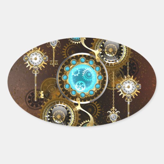 Steampunk Rusty Hintergrund mit türkisfarbenen Lin Ovaler Aufkleber (Vorderseite)
