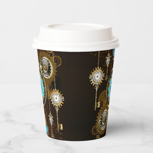 Steampunk Rusty Hintergrund mit türkisfarbenen Lin Pappbecher (Links)