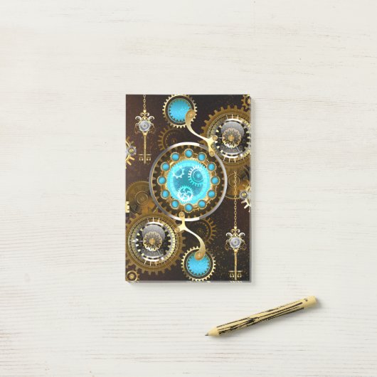 Steampunk Rusty Hintergrund mit türkisfarbenen Lin Post-it Klebezettel (Auf Schreibtisch)