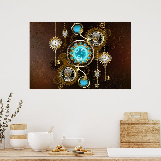 Steampunk Rusty Hintergrund mit türkisfarbenen Lin Poster (Küche)